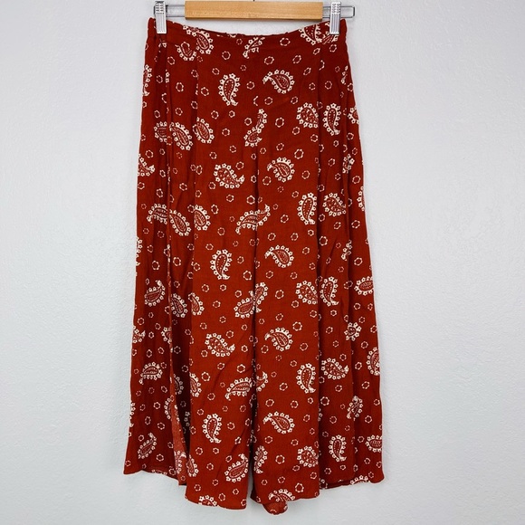 Zara Paisley Bronze Orange Brown Open Side Slits Casual Capris Pants - Picture 3 of 8
